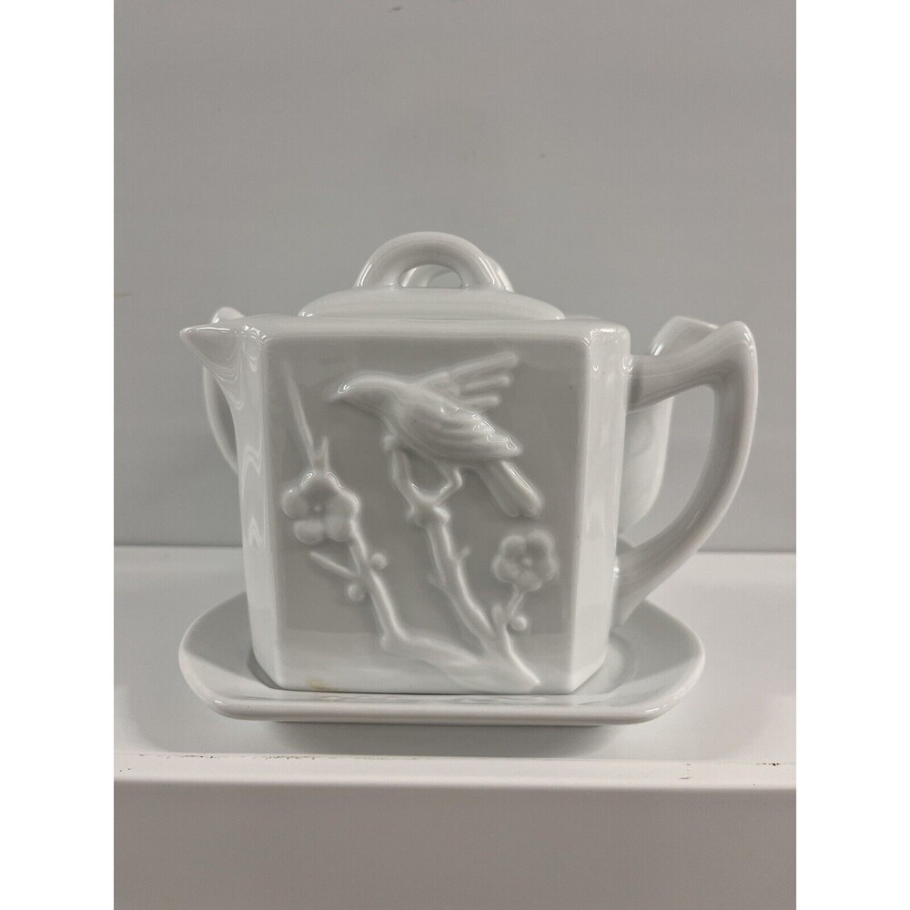 Rosanna 1 Tea Pot, 1 Creamer, 1 Platter - White Porcelain, Embossed Bird